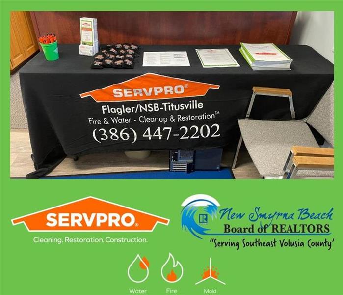 it has a green background with a picture of a SERVPRO table cloth on a table with CE materials with the SERVPRO logo 